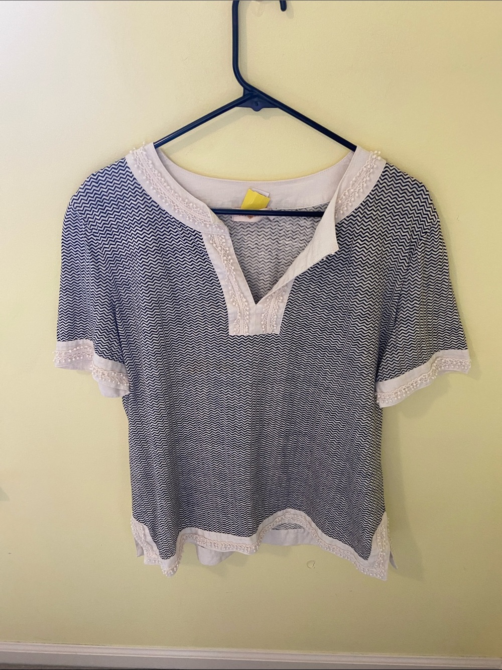 Tory Burch Navy & White Short Sleeve Split V Tunic